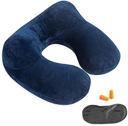 Inflatable Travel Pillow - 100% Soft Velvet Neck Support for Traveling, Airplanes, Trains, Cars, and Offices with Compact Carrying Bag, Breathable and Washable Cover, Ideal for Adult Sleepers -Blue