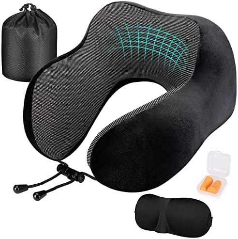 Eono Neck Pillow Memory Foam, Travel Pillow for Neck, Comfortable Neck and Head Support Pillow for Plane Cars Trains Office, Soft Flight Travel Cushion for Sleeping