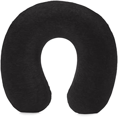 Amazon Basics Memory Foam Travel Neck Pillow with Removable Cover and Elastic Carrying Strap, Black, Semicircular