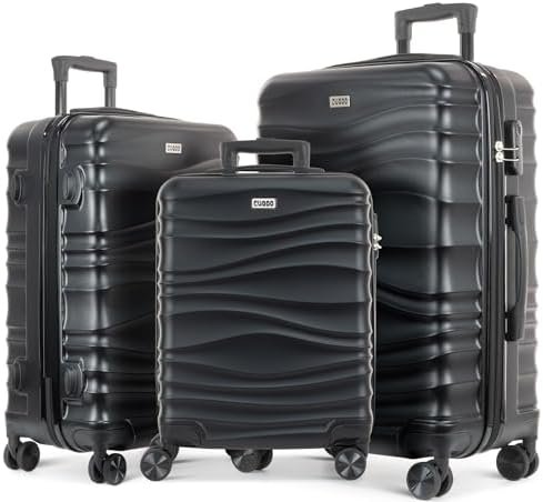 CUQOO 3 Pack Lightweight Hard Cabin Suitcase Set Approved by 100+ Airlines – 55x40x20cm Carry on Suitcase with 4 Wheels & Combi Lock | ABS Hard Case EasyJet, British Airways, RyanAir (Black)