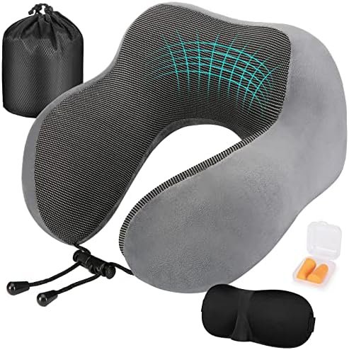 Eono Neck Pillow Memory Foam, Travel Pillow for Neck, Comfortable Neck and Head Support Pillow for Plane Cars Trains Office, Soft Flight Travel Cushion for Sleeping