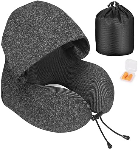 Eono Neck Pillow for Travel Memory Foam, Hooded Travel Pillow, Comfortable Neck Support Pillow with Hoodie for Plane Cars Trains Office, Flight Travel Cushion for Sleeping, Grey