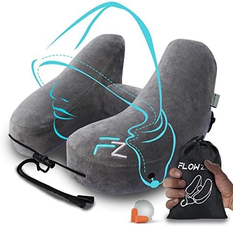 FLOWZOOM AIR Inflatable Travel Pillow for Airplane - Hooded Neck Pillow for Travel - Inflatable Travel Neck Pillow - Plane Pillow - Neck Cushion - Flight Pillow - Travel Neck Pillows for Adults – Grey