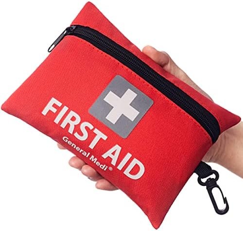 General Medi Mini First Aid Kit, 92 Pieces Small First Aid Kit - Includes Emergency Foil Blanket, Scissors for Travel, Home, Office, Vehicle, Camping, Workplace & Outdoor (Red)