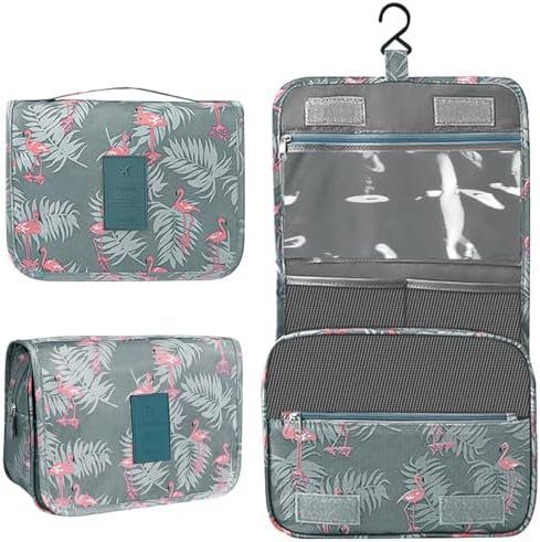 Hanging Toiletry Bag - Travel Portable Wash Bag Makeup Cosmetic Organizer for Women & Girls Waterproof Bathroom Shower Bag for Business Trip, Gym, Vacation & Household (Gray Flamingo)