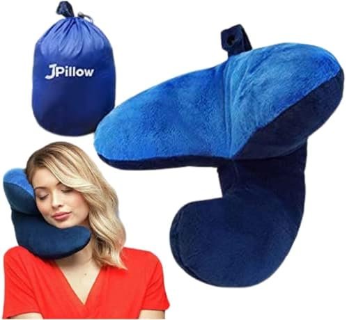 J-Pillow Travel Pillow + Carry Bag - Stops Your Head From Falling Forward - British Invention of the Year - Supportive Neck Pillow for Travel - Comfortable Plane Pillow (Blue)