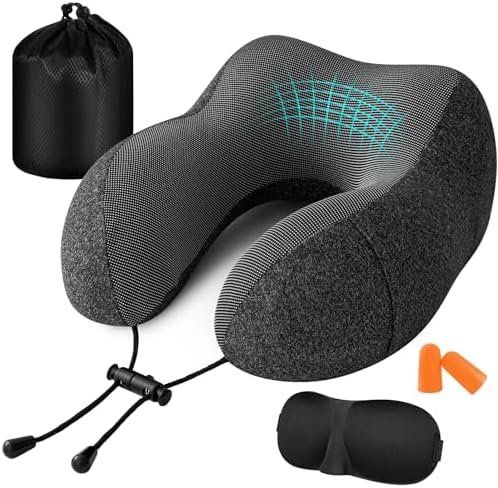 Jiancrate Travel Pillow for Airplane, Neck Pillow for Travel, Memory Foam Travel Neck Pillow for Adults, Soft & Lightweight Flight Pillow, Ergonomic Neck Cushion, With Ear Plugs, Eye Mask & Carry Bag