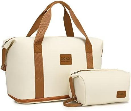 Kono Travel Duffel Bag with a Cosmetic Bag 36L Overnight Weekend Bags Dry and Wet Seperated Sports Gym Bag for Women Men Expandable Waterproof Carry On Hand Luggage Bag Hospital Shopping Tote (Beige)