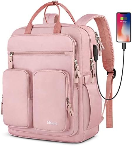 Mancro Travel Backpack for Women, School Backpack 15.6 inch Rucksack Bag with USB Charging Port, Lightweight Travel Laptop Bag Anti Theft Daypack for College Work Business Gift for Womens Ladies, Pink