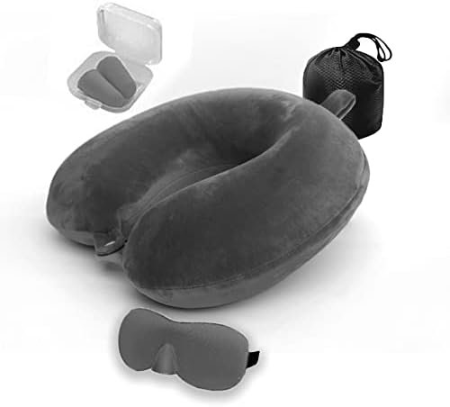 Memory Foam Travel Pillow for Neck – Lightweight Portable Neck Pillow for Travel in Any Sleeping Position on Flights, Car & Home – Washable Neck Support Pillow, Eye Mask, Ear Plug & Carry Bag (Grey)