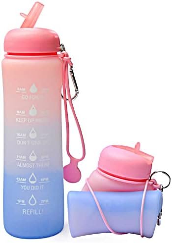 Motivational Water Bottle with Time Markings - 0.6 Litre Foldable Collapsible Gym and Sports Silicone Water Bottle - Running Drinks Bottle For Women, Men, Girls, Boys, Cycling, Hiking, Travel