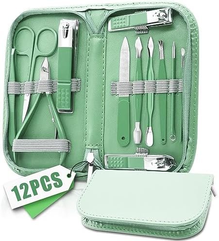 Nail Clipper Manicure Set, Manicure Pedicure Kit Professional, Travel Manicure Set for Women Men, Manicure & Pedicure Tools & Accessories, Nail Care Tool with Green Leather Travel Bag, Set 12 in 1