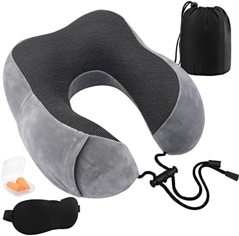 Neck Pillow Memory Foam, Travel Pillow for Airplane, Flight Pillow Neck Cushion for Sleeping Comfortable Support Head Cushion, Lightweight Travel Accessories for Plane Cars Trains Office(Grey)