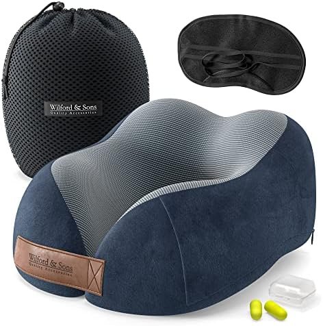 Neck Travel Pillow + Sleep Eye Mask + Ear Plugs + Bag, Soft Memory Foam, Blue Cover Washable | Journey Accessories Set: Airplane Car Bus Train Travelling Camping Gift Plane Flight Man Women Kids