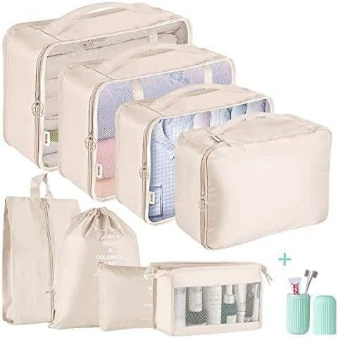 Packing Cubes for Suitcase,Geediar 9 PCS Travel Luggage Packing Organizers Waterproof Travel Essentials Bag Clothes Shoes Cosmetics Toiletries Storage Bags(c-Beige)…