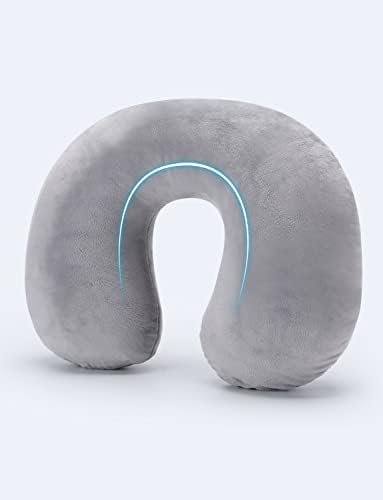 Pitasha Inflatable Travel Pillow Neck Soft Velvet Washable Pillowcase U Shaped Napping Pillow, Compact Portable Head and Support Pillows for Relax on Office, Airplane, Car, Train (Gray) (0802)