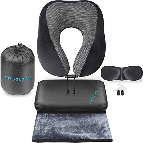 Proglobe Travel Blanket Luxury Travel Set, Ergonomic Airplane Neck Pillow 100% Memory Foam and Super Soft Fleece Blanket, Premium 3D Sleep Mask & Earplugs, Black