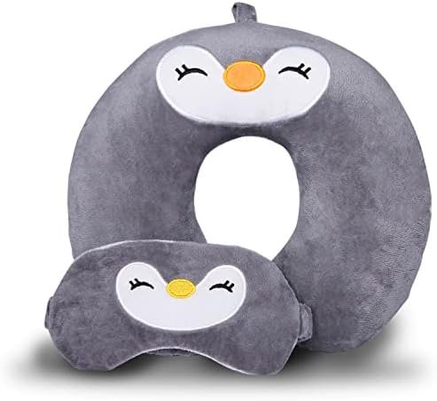 RadiantBeam Travel Pillow, Kids Travel Pillow, Cute Neck Pillow for Travel, Adults and Kids for Sleeping, Traveling and Camping with Soft Sleeping Eye Mask, Headrest Airplane Pillow (Grey P)