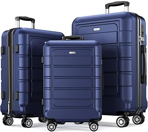 SHOWKOO Luggage Sets 3 Piece Hard Shell PC+ABS Expandable Lightweight Durable Trolley Travel Suitcase with Spinner Wheels TSA Lock, 20" 24" 28" -Deep Blue