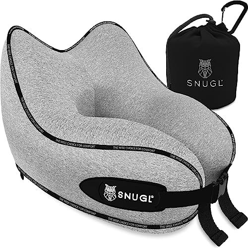 SNUGL Travel Pillow - Memory Foam Neck Cushion - Flight Pillow | Support Neck Pillow for Travel | Travel Neck Pillow for Airplane with Carry Bag & Clip | Flying Travel Essentials (Grey - Regular)