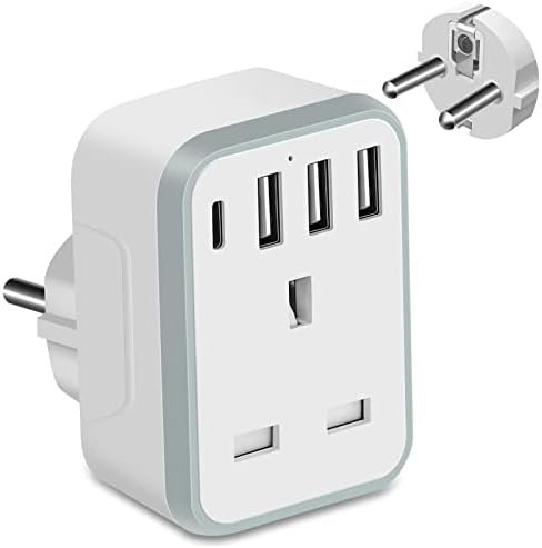 TISHOW UK to European Plug Adapter, Grounded European Travel Adapter w/ 3 USB Ports & 1 Type C,European Plug Adapter for Germany France Spain Turkey Greece Iceland Poland Russia & More(Type E/F)