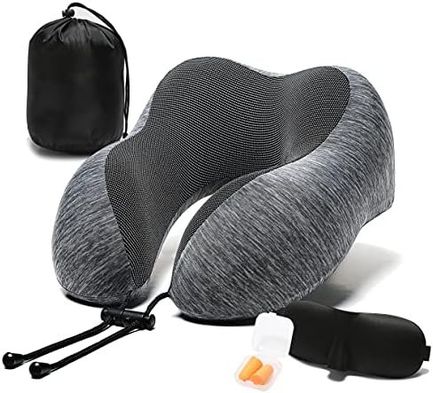 Travel Pillow, 100% Memory Foam Neck Pillow with Comfortable Breathable Cover, Airplane Travel Kit Cooling Pillow with 3D Eye Mask, Ear Plugs and Organizer Bag, Machine Washable, Grey/Blue (Grey)