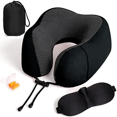 Travel Pillow 100% Pure Memory Foam Neck Pillow, Breathable & Machine Washable Cover, Neck Support Pillow with 3D Contoured Eye Mask, Earplugs & Portable Bag for Airplane Travel (Black)