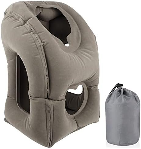 Travel Pillow, WOVTE Inflatable Travel Pillow 4rd Gen Ergonomic Neck&Head Support Pillow with Carry Bag, Portable Ideal for Office Napping Flying Train Car Camping Journeys (Grey(Face & Arms Rest))