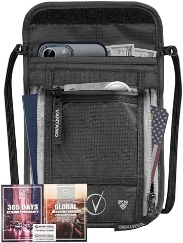 Travel Wallet Neck Pouch – Secure Neck Wallet and Passport Holder RFID Blocking – Travel Bag Travel Organizer Includes Global Recovery Tags – Must Have Travel Accessories (Black/Gray)