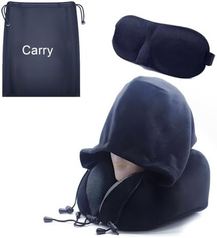 Travel pillow, Neck pillow memory foam, travel pillow neck, comfortable neck & head support pillow w/ eyes mask ear plugs, suitable plane, cars trains, soft travel cushion sleeping, Black