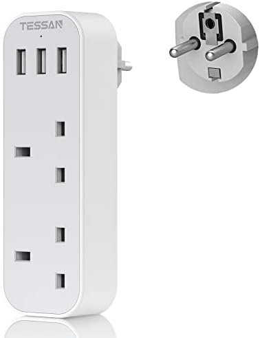 UK to European Plug Adapter with 3 USB, TESSAN Grounded EU Euro Europe Travel Plugs, Schuko European Adaptor for France Spain Iceland Austria Poland Germany Portugal Turkey Greece and More Type E/F