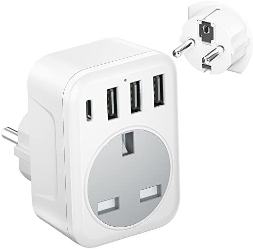 UK to European Plug Adapter with 4 USB Ports, FSTravelP Grounded European Travel Adapter with 3 USB-A & 1 Type C Plug Adaptor UK to EU Travel Plug for Germany France Spain Greece Poland etc(Type E/F)