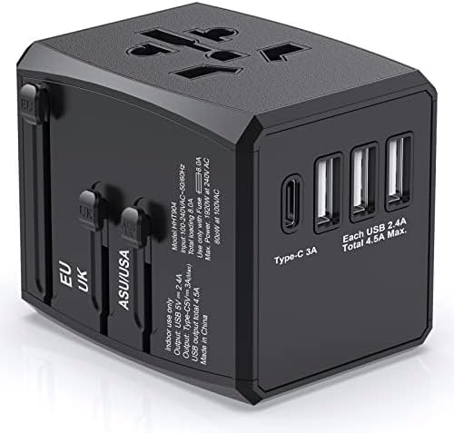 Universal Travel Adapter Worldwide, International Travel Plug Adapter With USB C and 3 USB Travel Adaptor All in One Universal Charger Power Adapter for European EU US UK AUS