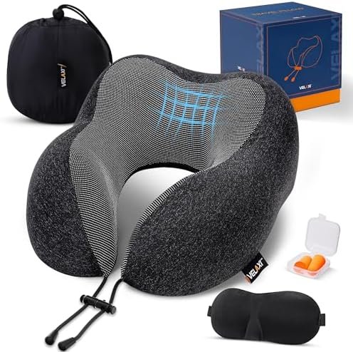 VELAXI Travel Pillow – Travel Neck Pillows for Adults with Eye Mask, Ear Plugs in Gift Box – Neck Rest Pillow for Travel – Neck Pillows for Sleeping Neck Pain – Washable Travel Pillow for Airplane