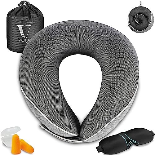 VOXXU Memory Foam Travel Pillow with Earplugs & Blackout Eye Mask – Soft & Comfortable Neck Pillow for Travel | Adjustable Travel Pillow for Airplane, Trains & Cars | Orthopaedic Neck Support Pillow