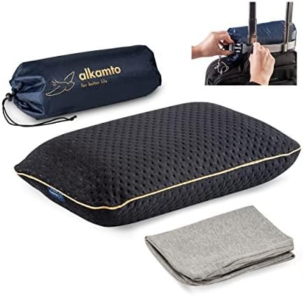 alkamto Travel Pillow-Camping Pillow-Orthopedic Neck Support Memory Foam Pillow with Temperature Regulating Pillowcase-Extra Cotton Cover-Carry Bag-Small pillow for travel (Black, 40 x 25 x 10 CM)