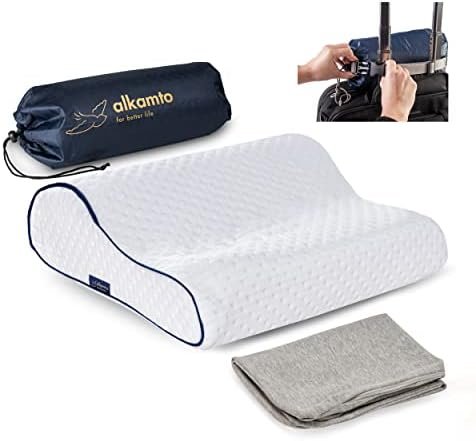 alkamto Travel Pillow - Ergonomic Neck Support Memory Foam with Temperature-Regulating Pillowcase - Includes Extra Pink Cotton Cover and Carry Bag - Perfect for Car, Plane, Camping, Hotel (White)